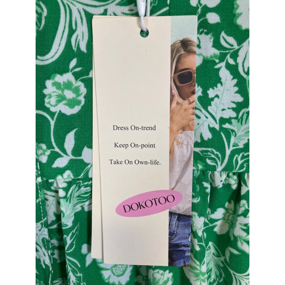 Cottagecore Dokotoo Women Large Green White Floral Puff Sleeve V-Neck Mini Dress - Picture 12 of 14